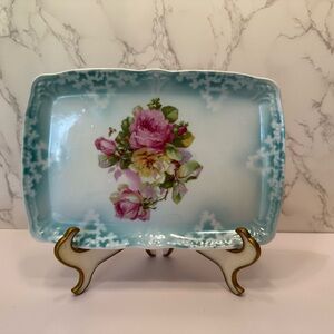 Antique porcelain vanity dresser tray Made in Germany aqua blue pink flowers